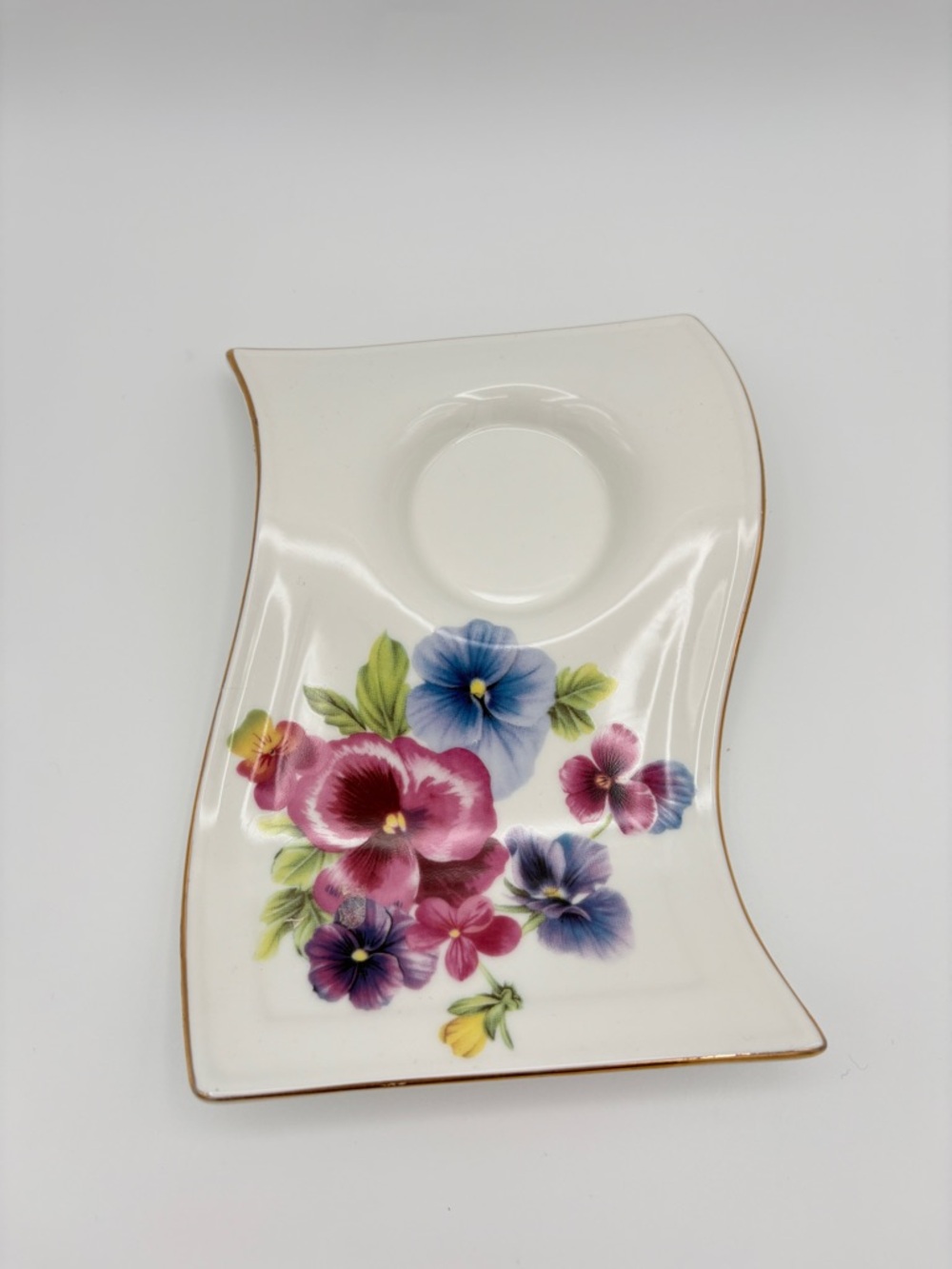 Adeline Fine Porcelain Teacup Saucer Spoon Set Pansy Gold Trim 3pc - Picture 7 of 15